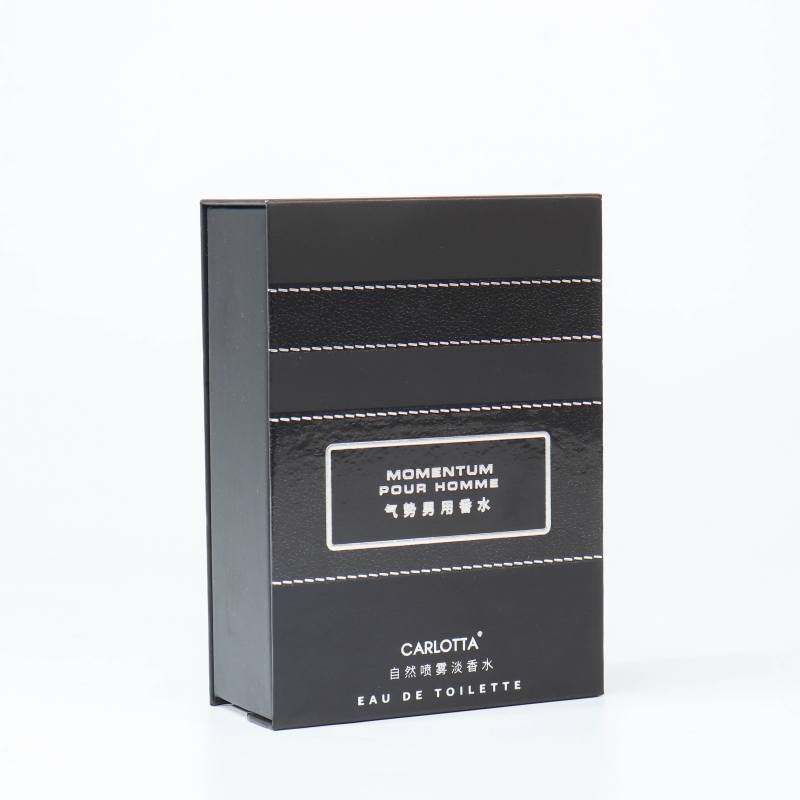 Black flip-top men‘s perfume box closed – UV printing with hot stamping silver