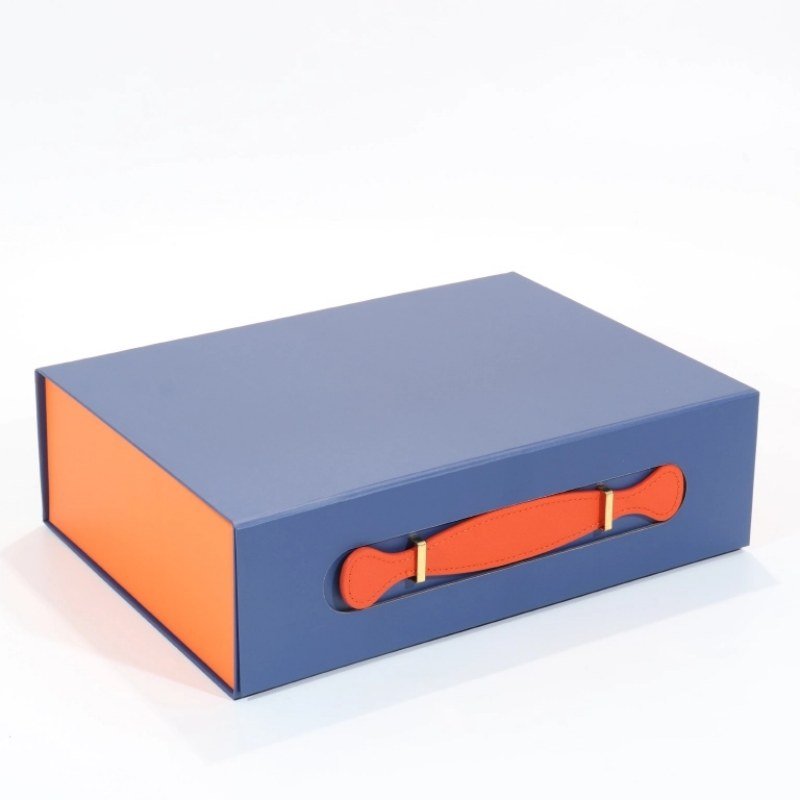  Blue specialty paper collapsible gift box with orange PU leather handle – bold modern color combination