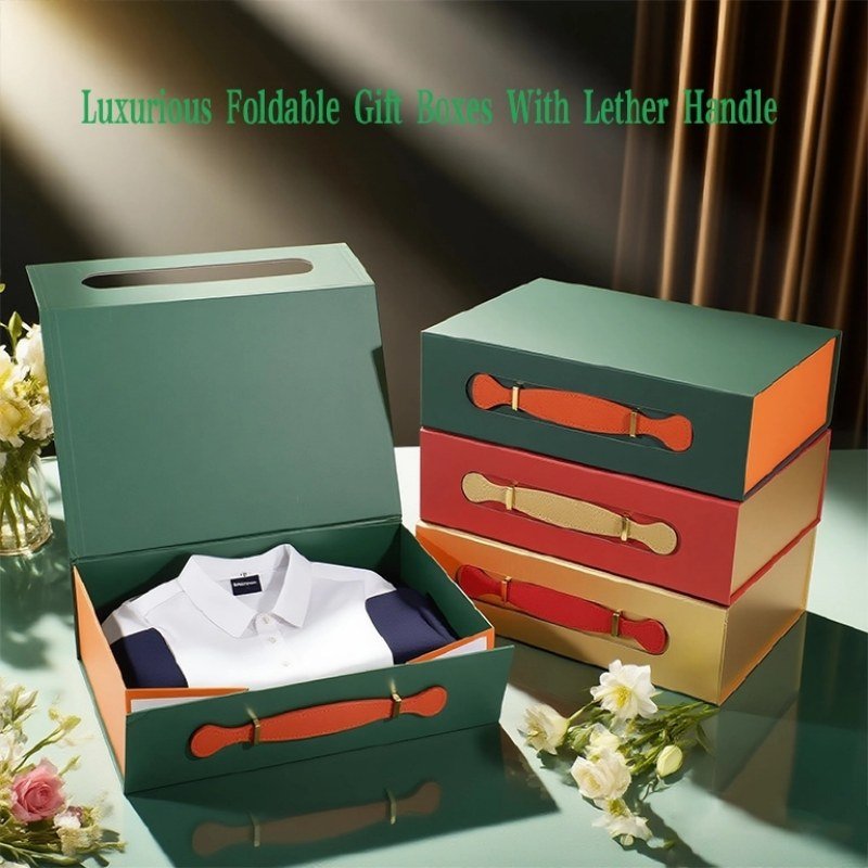 Book shape collapsible gift box closed with PU leather handle – luxury foldable packaging for handbags