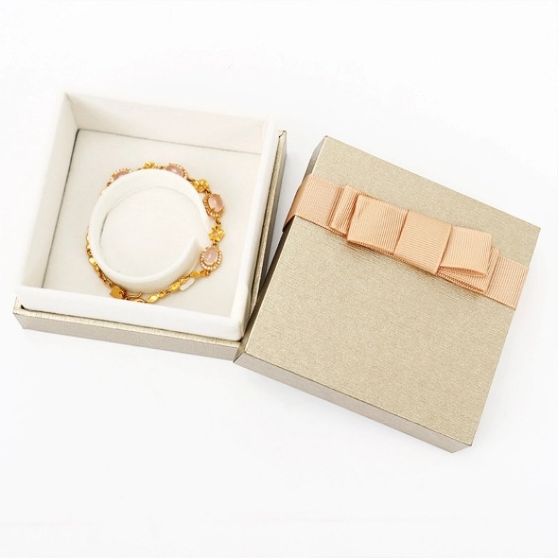 Bowknot Jewelry Box – Luxury Pearl Gift Box Set Wholesale Manufacturer Bowknot jewelry box closed – lid and base structure, gold and blue printing, luxury pearl gift box
