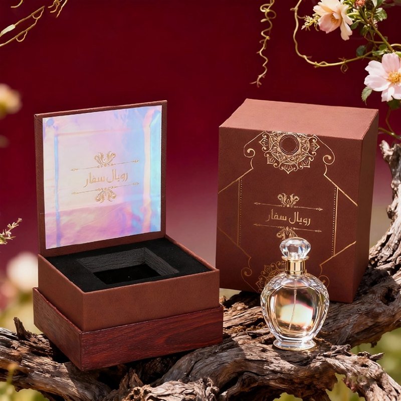 Royal Safar Perfume Box – Luxury Top & Bottom Custom Packaging Burgundy Royal Safar perfume box – noble and elegant