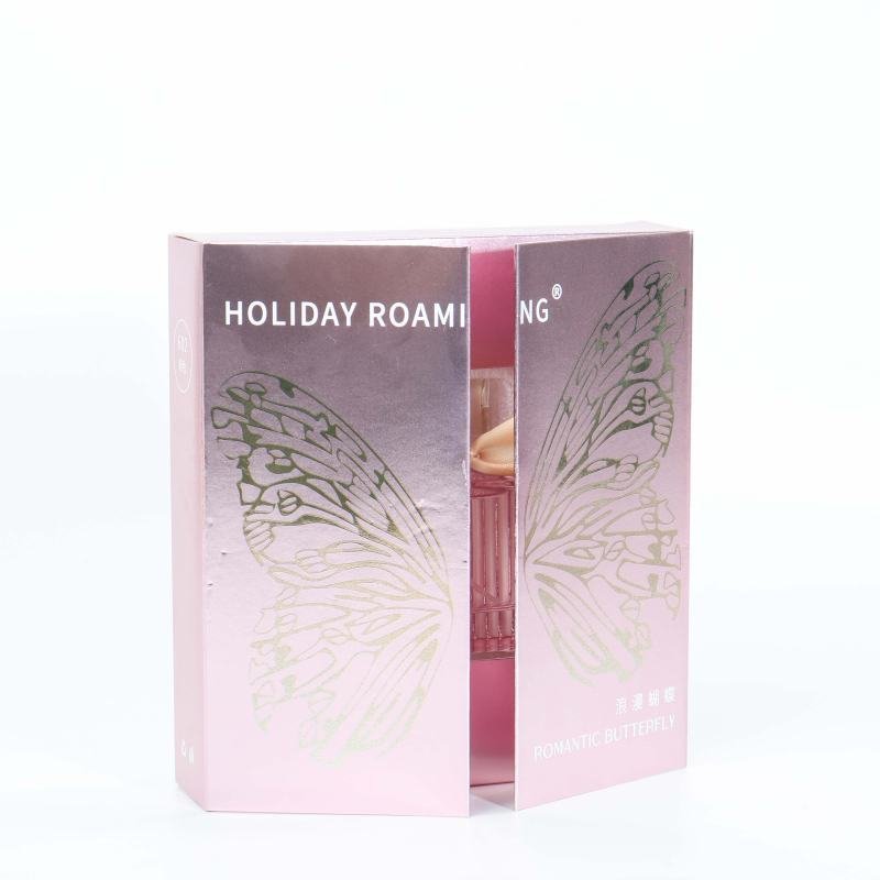 Gold-stamped butterfly perfume gift box closed – double-door design, red gold/silver card paper, luxury packaging
