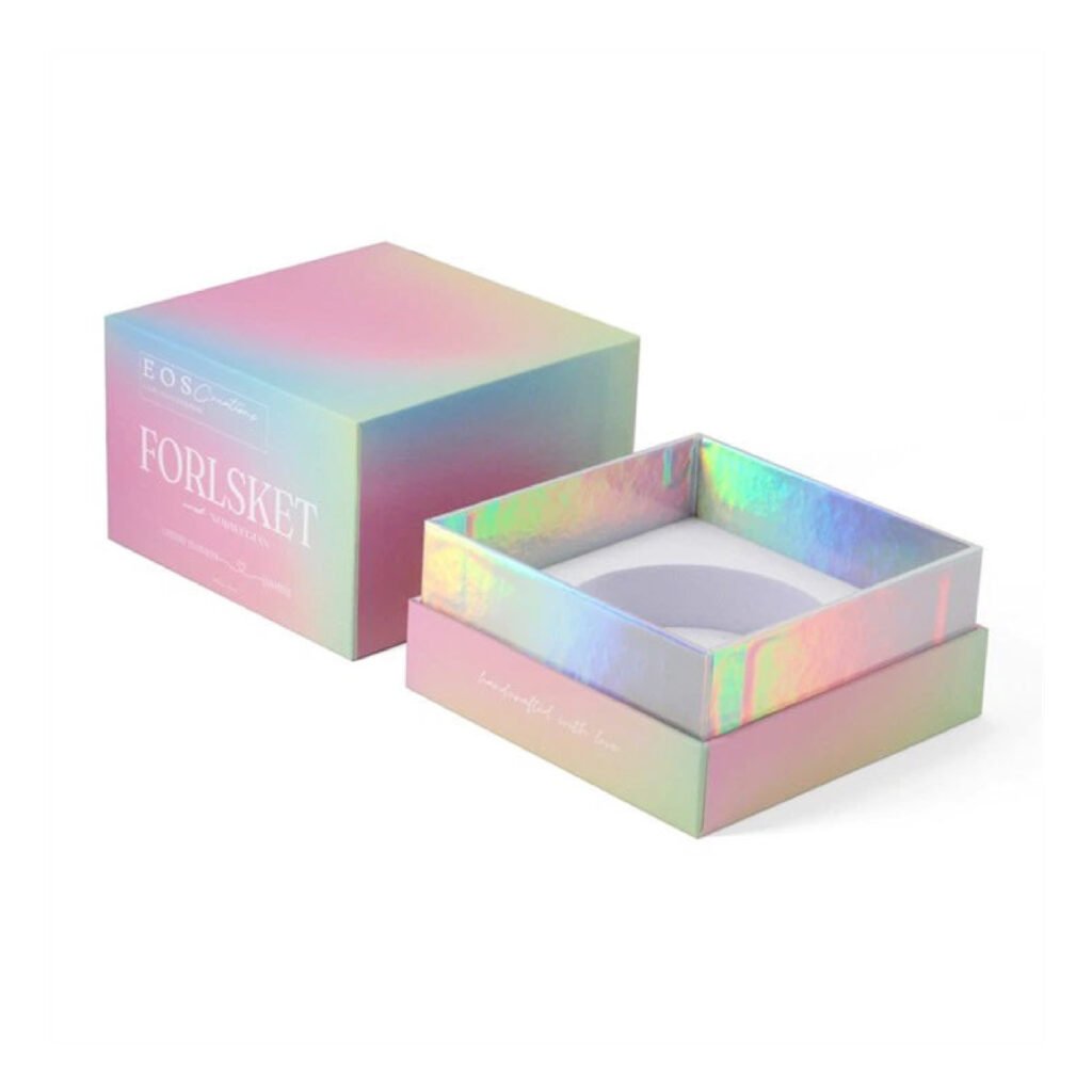 Custom silver cardboard lid and base cosmetic box manufacturer – hollow construction with holographic effect