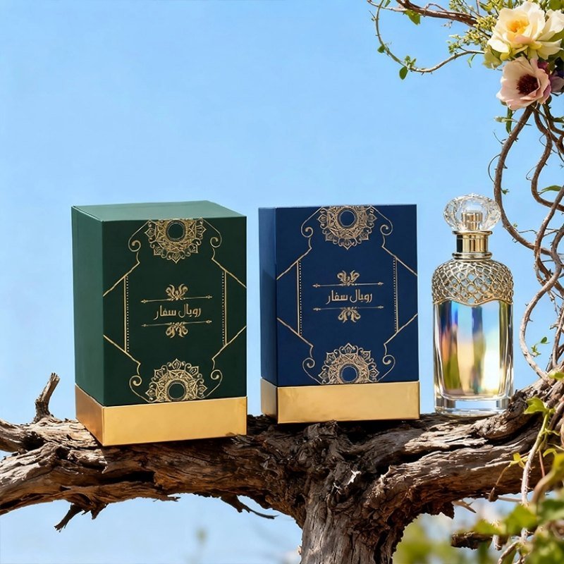 Royal Safar Perfume Box – Luxury Top & Bottom Custom Packaging Dark green top and bottom perfume box closed – gold hot stamping, Royal Safar heritage style