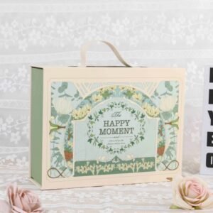 Double door gift box with green ribbon handle – medium size for skincare and perfume