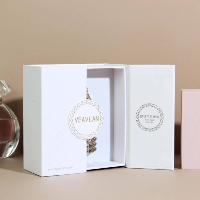 White Luxury Perfume Box – Double Door Custom Logo Packaging Double door perfume box opened – shockproof lining, safely displaying perfume bottle