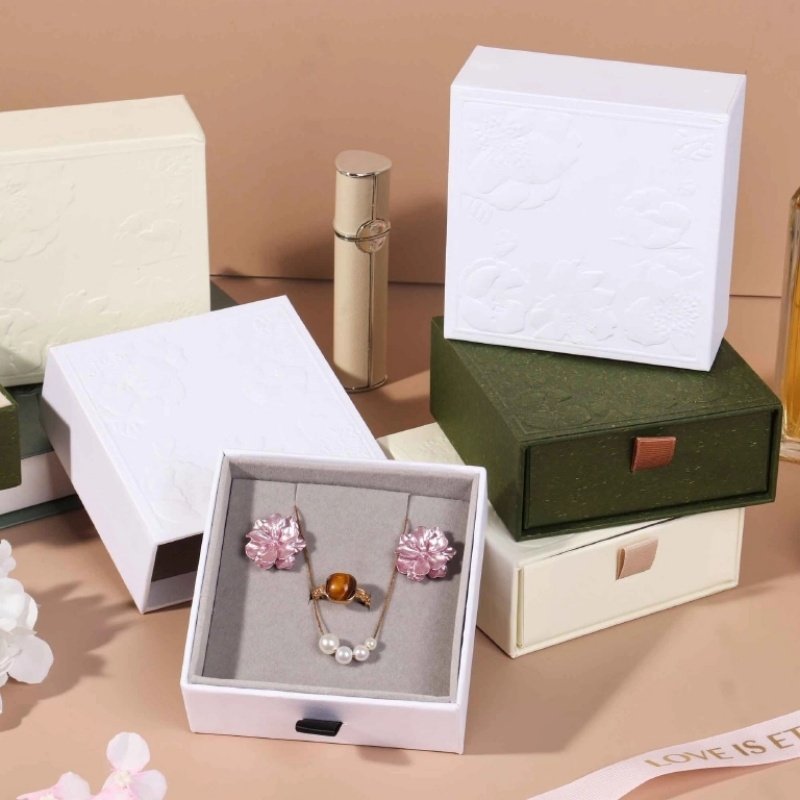 Drawer jewelry box opened slide out – embossed pattern with brushed velvet lining for safe storage