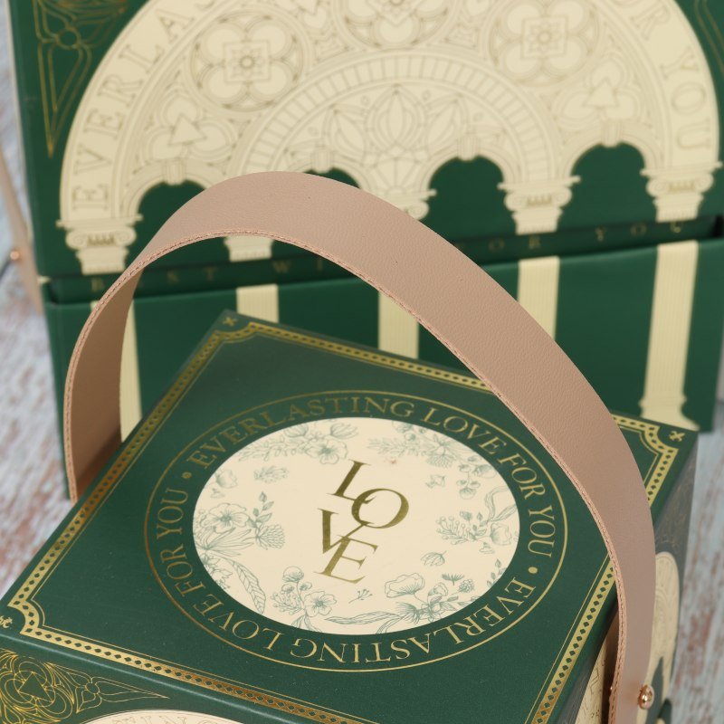 European Retro Green Wedding Gift Box – Embossed Printing Wholesale Manufacturer European retro green gift box closed – leather handle with Roman column embossed pattern