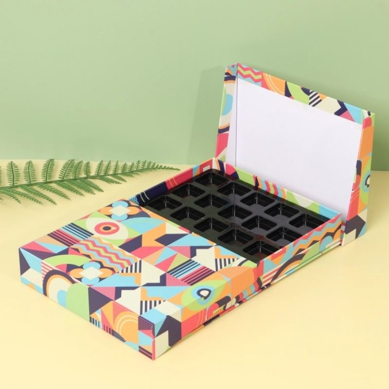 Flip top chocolate box opened showing 60 silk blister lining and anti vibration pad – safe chocolate storage