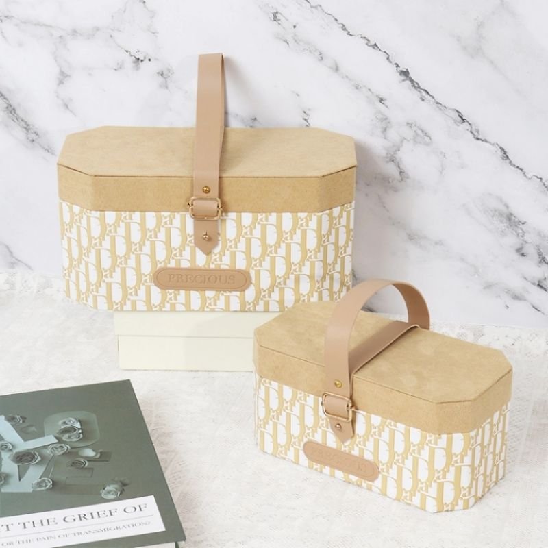 Luxury Flocked Wedding Gift Box – Octagonal Shape with Leather Handle Wholesale Flocked surface with colorful irregular printed patterns – high end luxurious visual effect