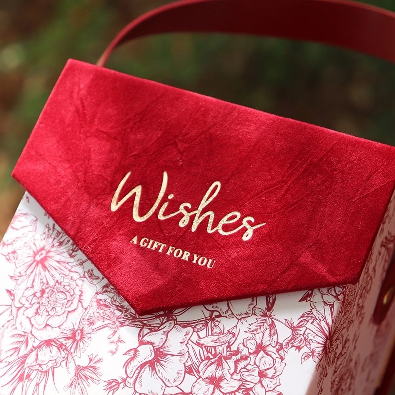 Flocking flap with high-quality hot stamping letters on luxury wedding gift box – best wishes for couples
