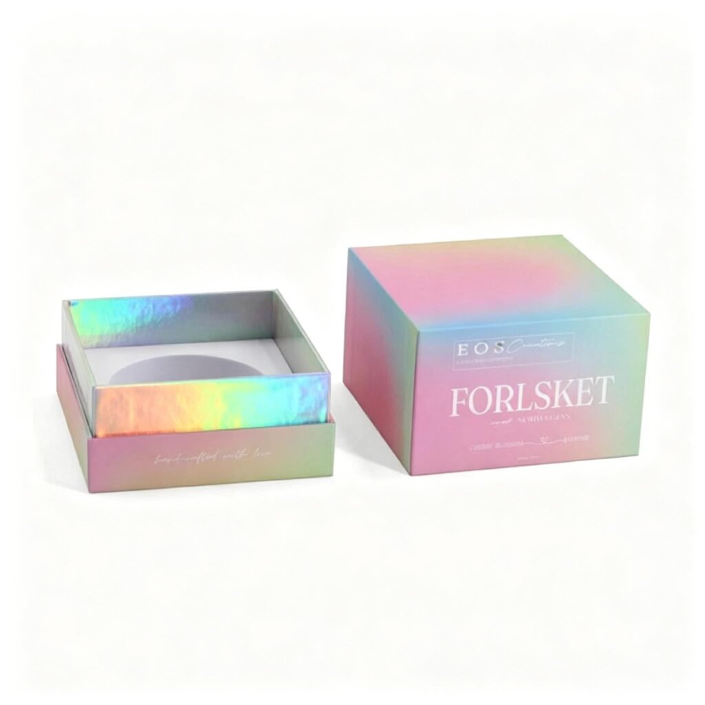 Foil stamping, UV coating, and holographic rainbow effect on custom silver gift box