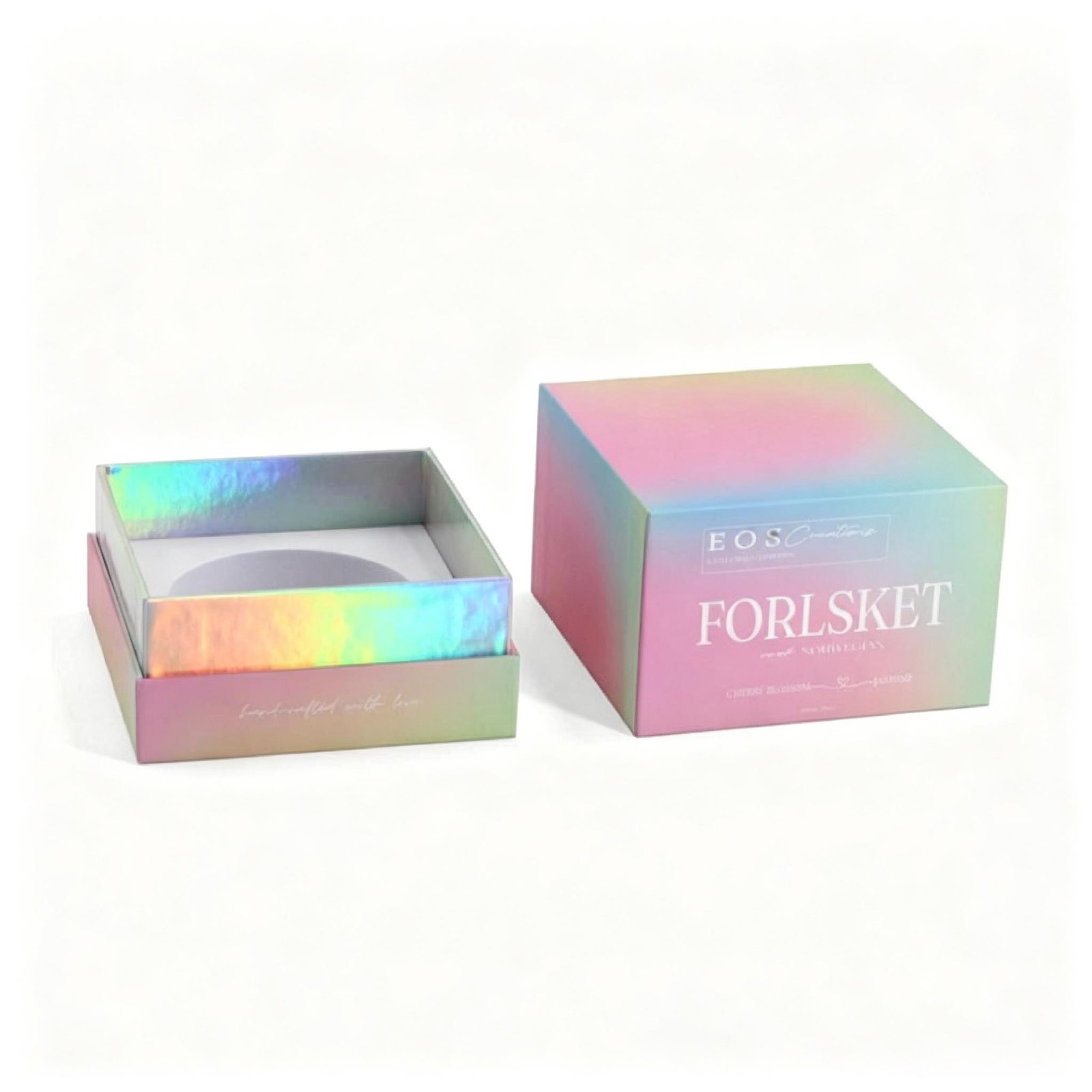 Foil stamping, UV coating, and holographic rainbow effect on custom silver gift box