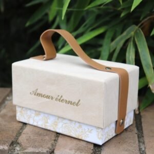 Gold foil edge and gold foil text on cream gift box – eco friendly and sustainable finishing