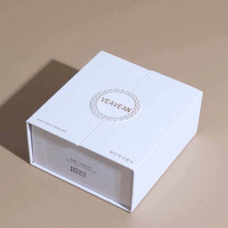 White Luxury Perfume Box – Double Door Custom Logo Packaging Gold hot stamping logo closeup – circular brand mark, showcasing brand charm