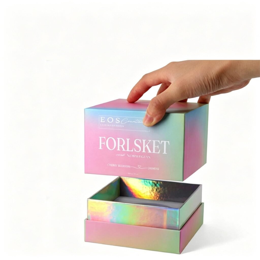 Hollow silver lid and base box opened – 100x100x70mm cosmetic packaging with UV coating