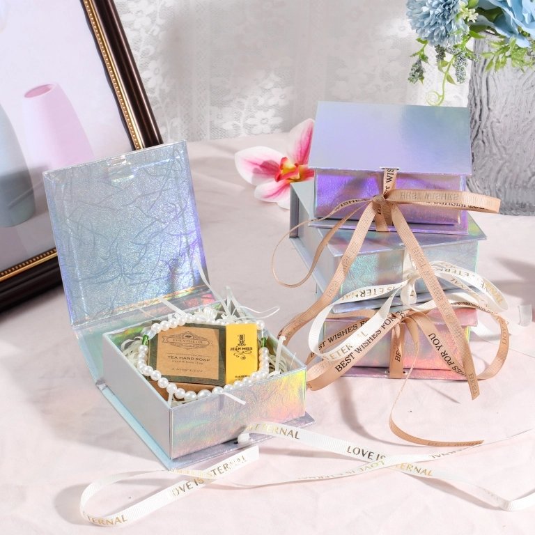 Holographic Jewelry Box with Ribbon – Custom Luxury Gift Box Manufacturer Holographic jewelry box with ribbon – custom luxury gift box manufacturer with iridescent finish
