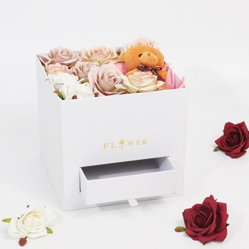 Square Flower Box with Drawer – Hot Stamping Gift Box Wholesale Hot stamping detail – “Flower” text and golden rose, premium finish