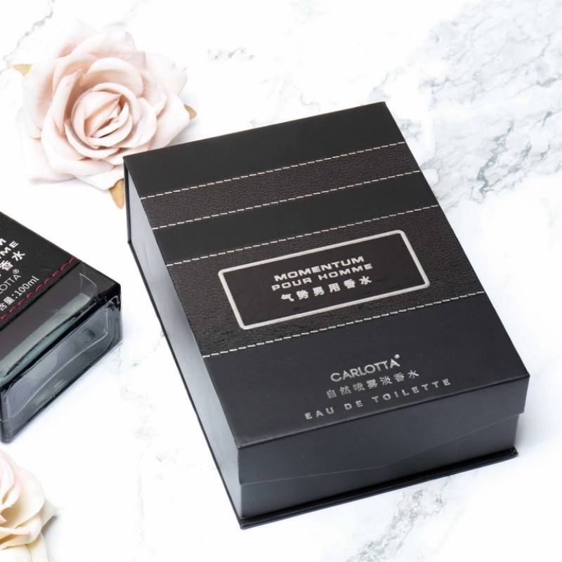 Luxury Men’s Perfume Box – Black UV Printing Custom Packaging Hot stamping silver logo closeup – silver pattern on black background with glass-like texture