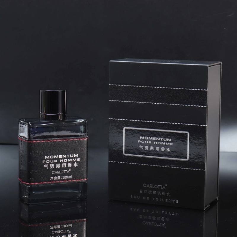 Luxury Men’s Perfume Box – Black UV Printing Custom Packaging Magnetic flip-top perfume box opened – built-in magnet, flocking + blister lining