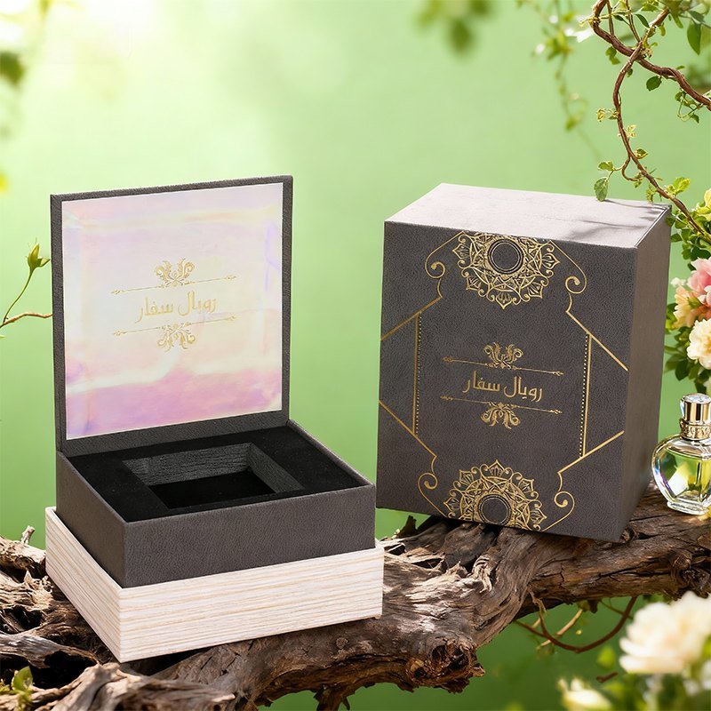 Royal Safar Perfume Box – Luxury Top & Bottom Custom Packaging Perfume box opened – gold cardboard interior with EVA velvet-lined grooves