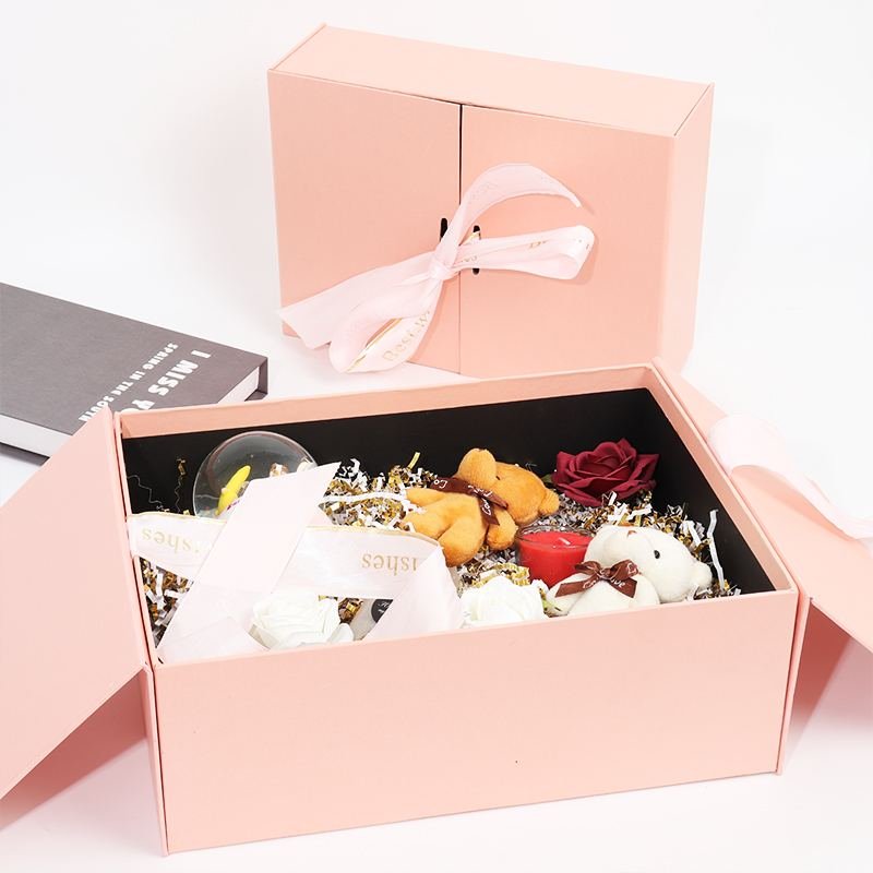 Double Door Valentine’s Day Gift Box – Custom Romantic Packaging Wholesale Pink double door gift box closed – gold foil bow ribbon decoration
