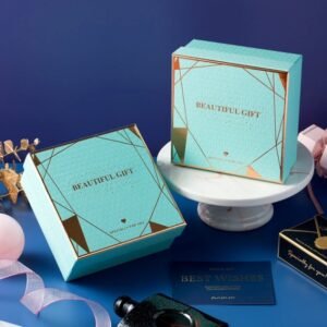 Pink gift box lid and base opened – showing rigid gray board interior for product protection