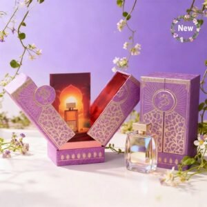 Purple double door perfume box closed – gold foil logo, royal purple textured finish