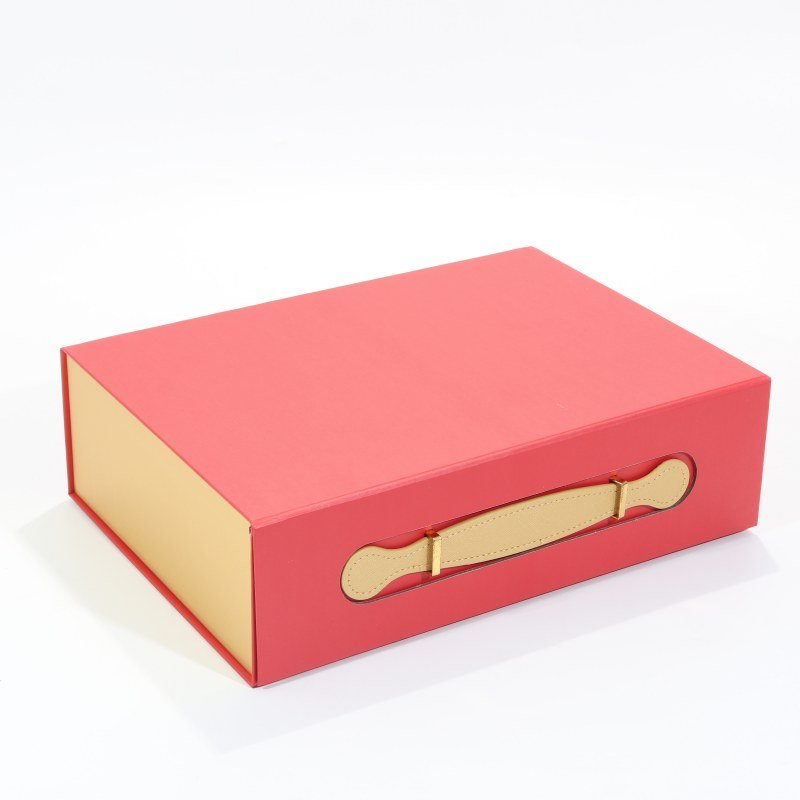  Red specialty paper collapsible gift box with gold PU leather handle – striking visual impact