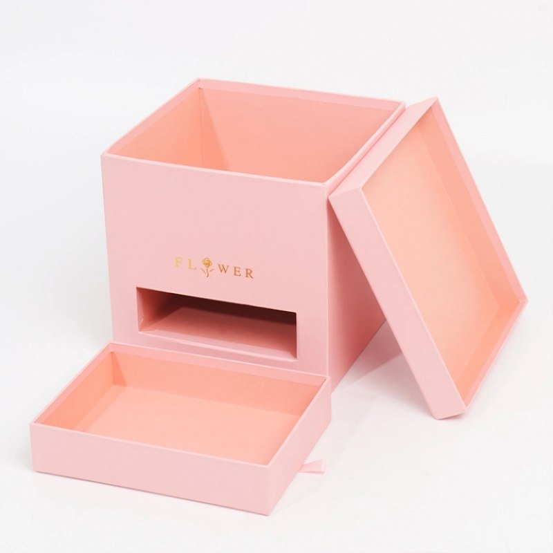 Square Flower Box with Drawer – Hot Stamping Gift Box Wholesale Small drawer pulled out – holds lipstick or jewelry for double surprise