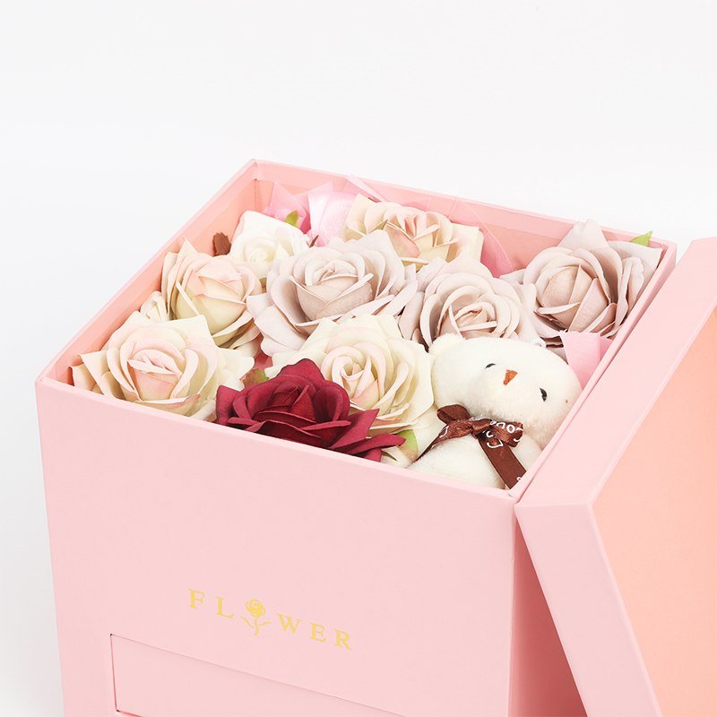Square Flower Box with Drawer – Hot Stamping Gift Box Wholesale Square flower box closed – front hot stamping “Flower” text and golden rose