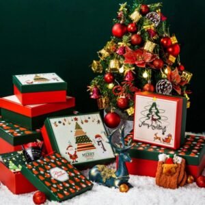Three Christmas gift box set with top and bottom lids – Santa Claus, Snowman, Elk designs