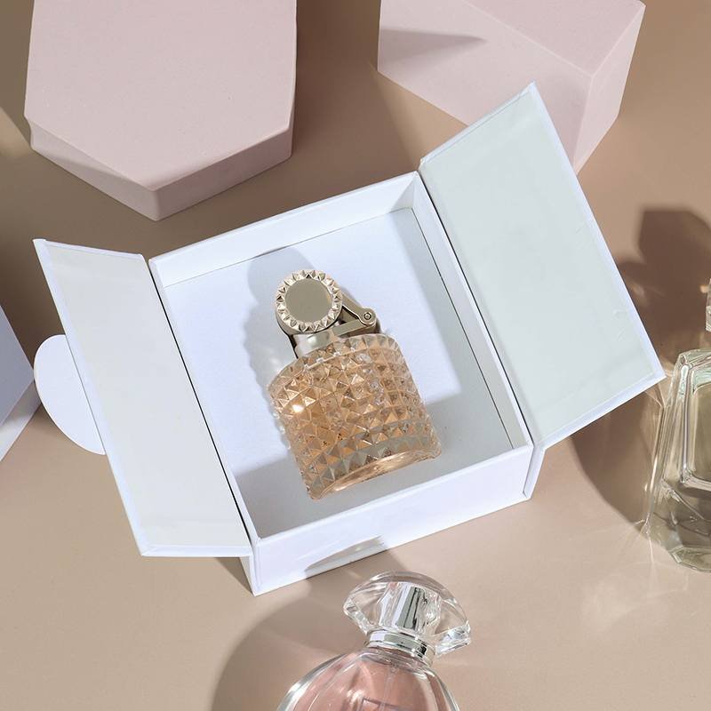 White Luxury Perfume Box – Double Door Custom Logo Packaging White double door perfume box closed – white textured paper with gold hot stamping logo