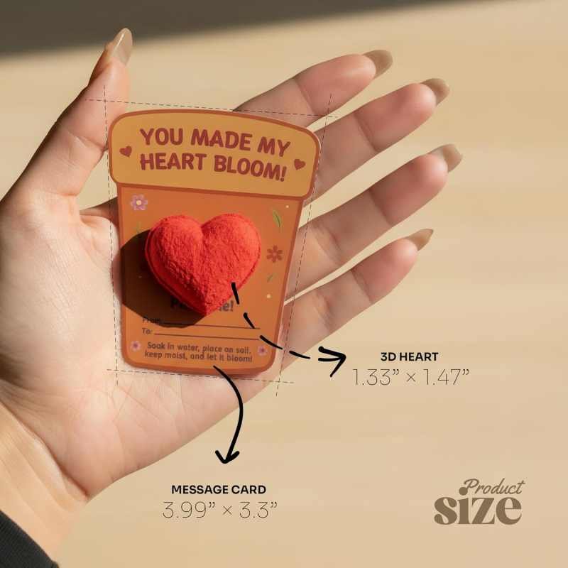 3D Heart Seed Paper Gift Set – Plantable Wildflower Hearts for Valentine's Day Illustrated card – To/From lines, smooth writable surface
